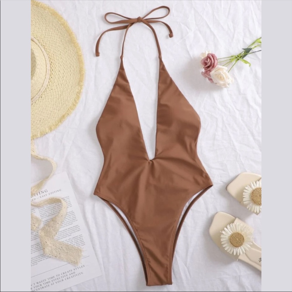 New Shein Halter Plunging One Piece Swimsuit Brown